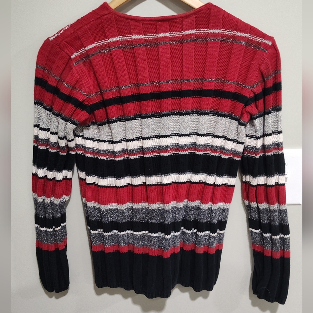 90s LIZ CLAIBORNE Ribbed Knit Cotton Sweater red black gray white Stripe, Size M - Picture 4 of 6